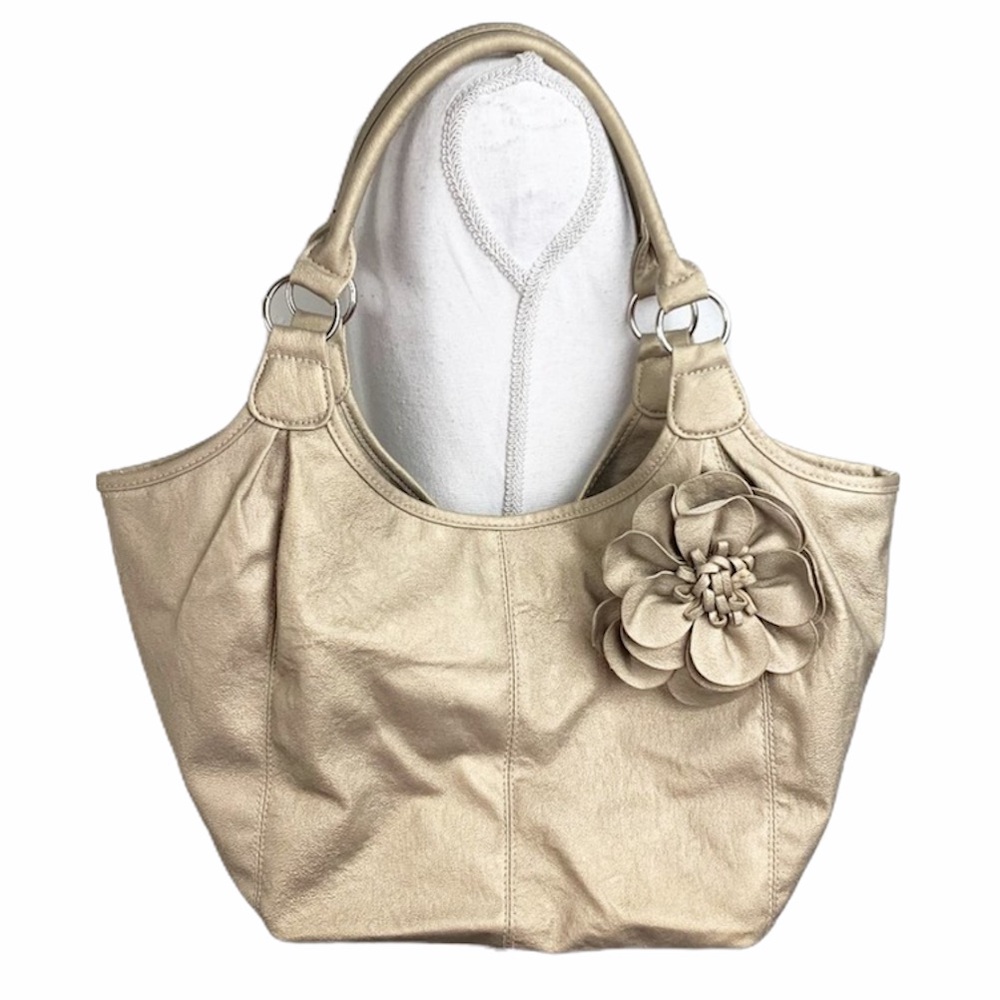 Bronze Metallic Flower Design Vinyl Shoulder Bag